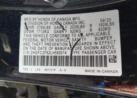 2020 Honda Civic Lx from USA, damaged, VIN 2HGFC2F62LH589014